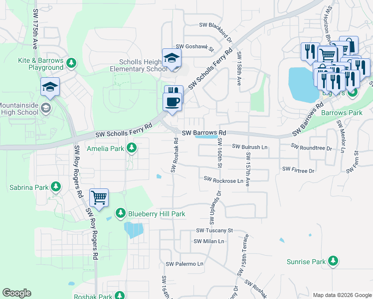 map of restaurants, bars, coffee shops, grocery stores, and more near 16251 Southwest Becky Lange Court in Tigard
