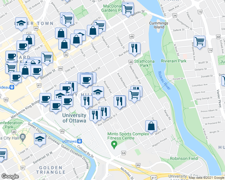 map of restaurants, bars, coffee shops, grocery stores, and more near 330 Chapel Street in Ottawa