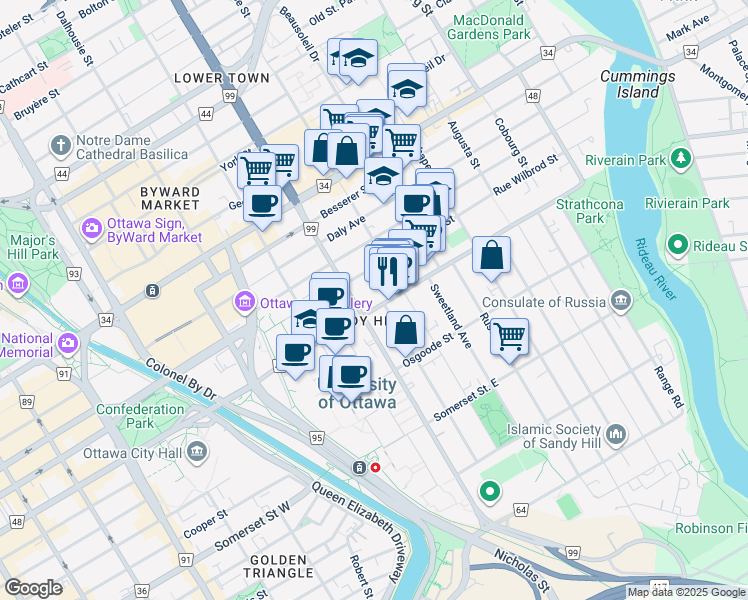 map of restaurants, bars, coffee shops, grocery stores, and more near in Ottawa