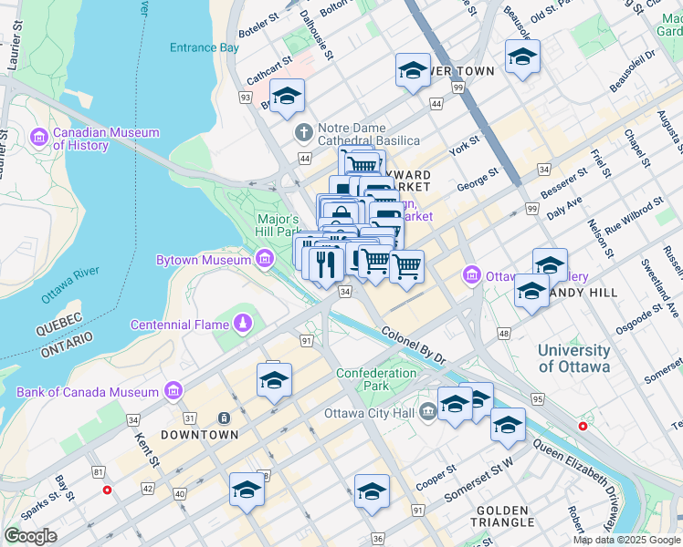 map of restaurants, bars, coffee shops, grocery stores, and more near in Ottawa