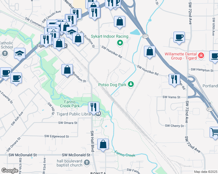 map of restaurants, bars, coffee shops, grocery stores, and more near 8200 Southwest Hunziker Street in Tigard