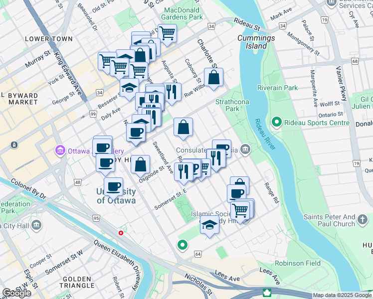 map of restaurants, bars, coffee shops, grocery stores, and more near 338 Chapel Street in Ottawa