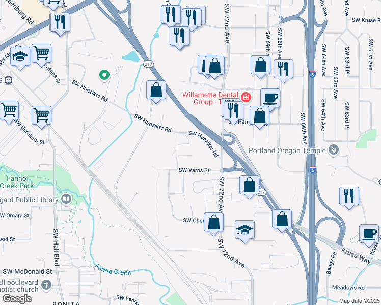map of restaurants, bars, coffee shops, grocery stores, and more near 7505 Southwest Crestview Street in Tigard