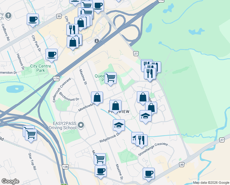map of restaurants, bars, coffee shops, grocery stores, and more near 1719 Meadowbrook Road in Ottawa