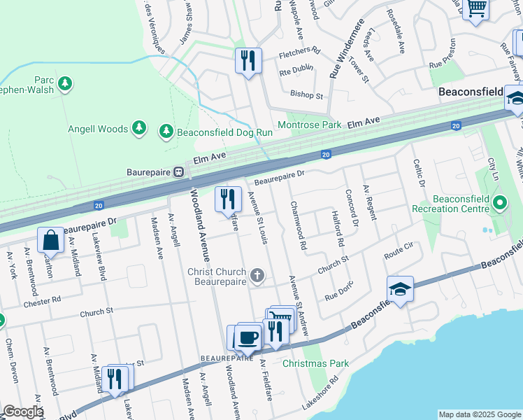 map of restaurants, bars, coffee shops, grocery stores, and more near 123 Avenue Saint Louis in Beaconsfield