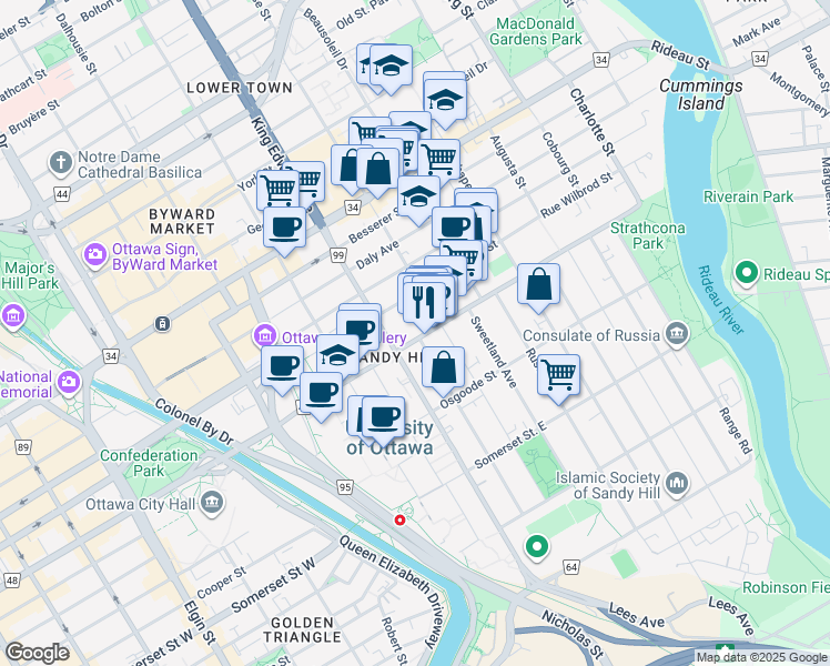 map of restaurants, bars, coffee shops, grocery stores, and more near 217 Laurier Avenue East in Ottawa