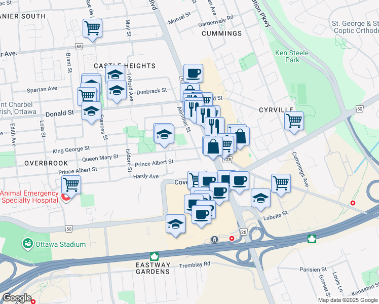 map of restaurants, bars, coffee shops, grocery stores, and more near 580 Queen Mary Street in Ottawa