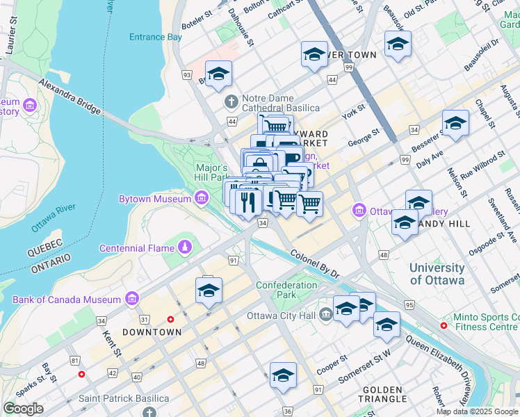 map of restaurants, bars, coffee shops, grocery stores, and more near 700 Sussex Drive in Ottawa
