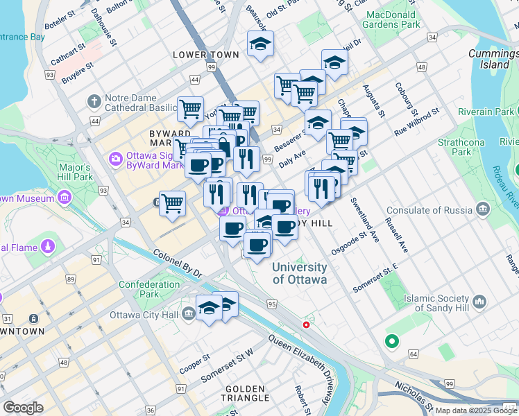 map of restaurants, bars, coffee shops, grocery stores, and more near 503 Cumberland Street in Ottawa