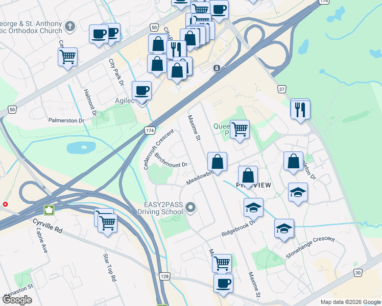 map of restaurants, bars, coffee shops, grocery stores, and more near 1363 Cedarcroft Crescent in Ottawa