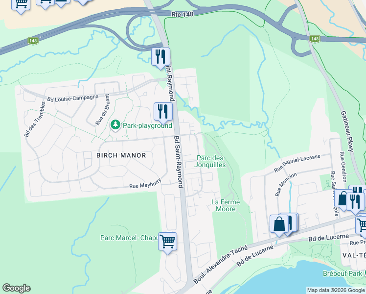 map of restaurants, bars, coffee shops, grocery stores, and more near 287 Boulevard Saint-Raymond in Gatineau