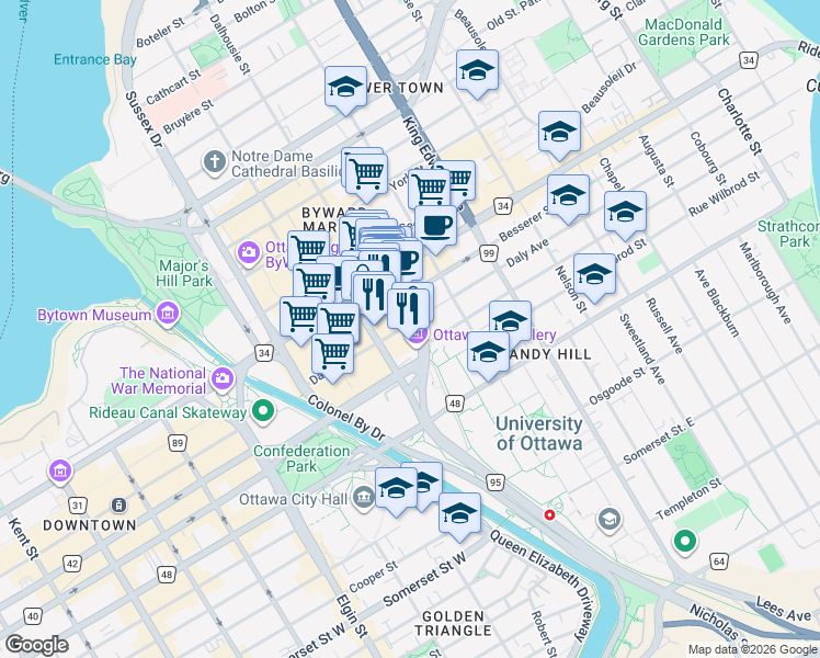 map of restaurants, bars, coffee shops, grocery stores, and more near 20 Daly Avenue in Ottawa