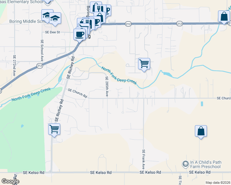 map of restaurants, bars, coffee shops, grocery stores, and more near 13461 Southeast 286th Lane in Boring