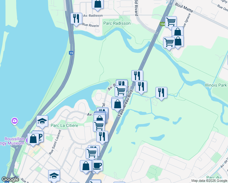 map of restaurants, bars, coffee shops, grocery stores, and more near in La Prairie