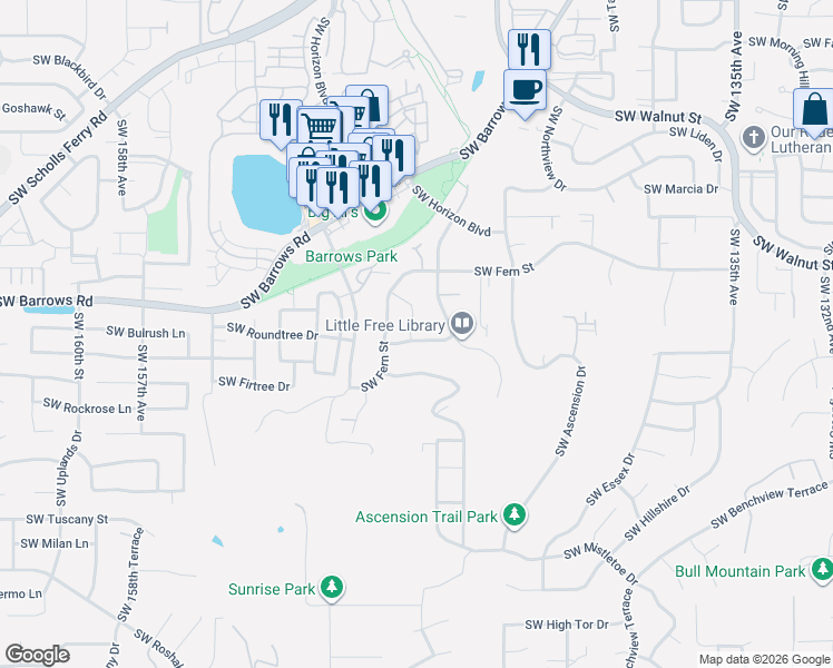 map of restaurants, bars, coffee shops, grocery stores, and more near 12988 Southwest 147th Place in Tigard
