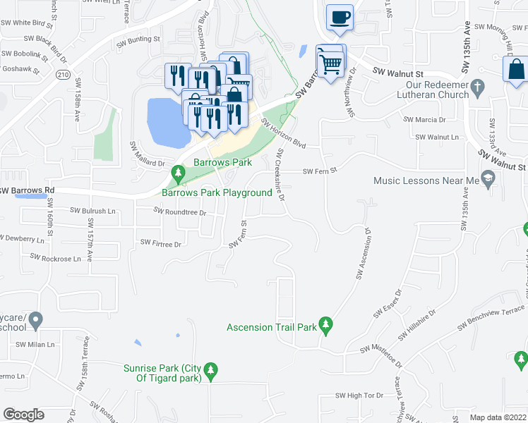map of restaurants, bars, coffee shops, grocery stores, and more near 12988 Southwest 147th Place in Tigard