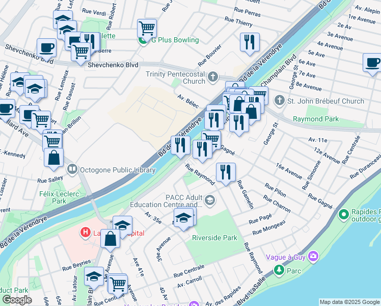 map of restaurants, bars, coffee shops, grocery stores, and more near 8180 Boulevard Champlain in Montreal