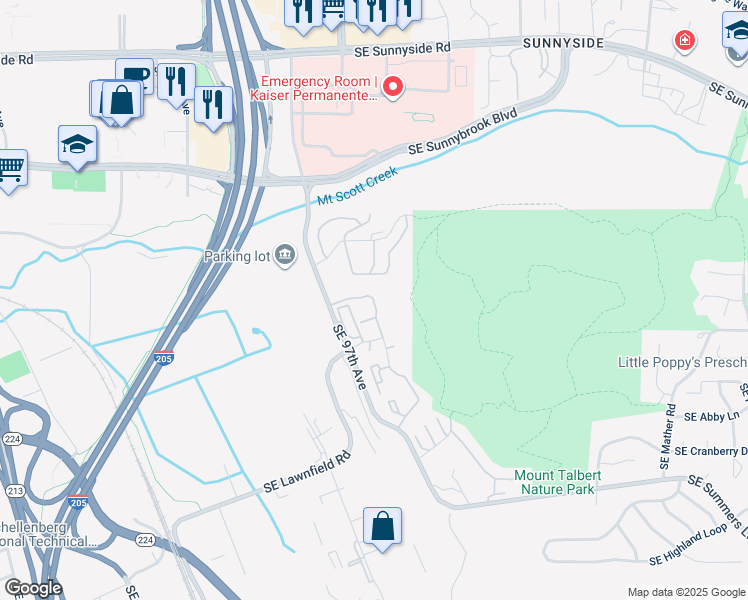 map of restaurants, bars, coffee shops, grocery stores, and more near 13418 Southeast 97th Avenue in Clackamas