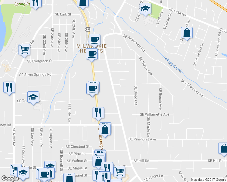 map of restaurants, bars, coffee shops, grocery stores, and more near 13455 Southeast Oatfield Road in Milwaukie