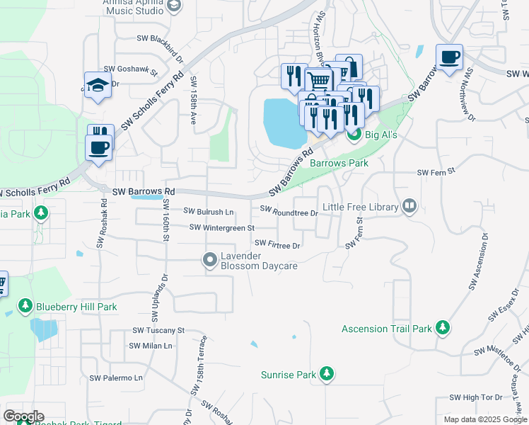 map of restaurants, bars, coffee shops, grocery stores, and more near 15348 Southwest Roundtree Drive in Portland