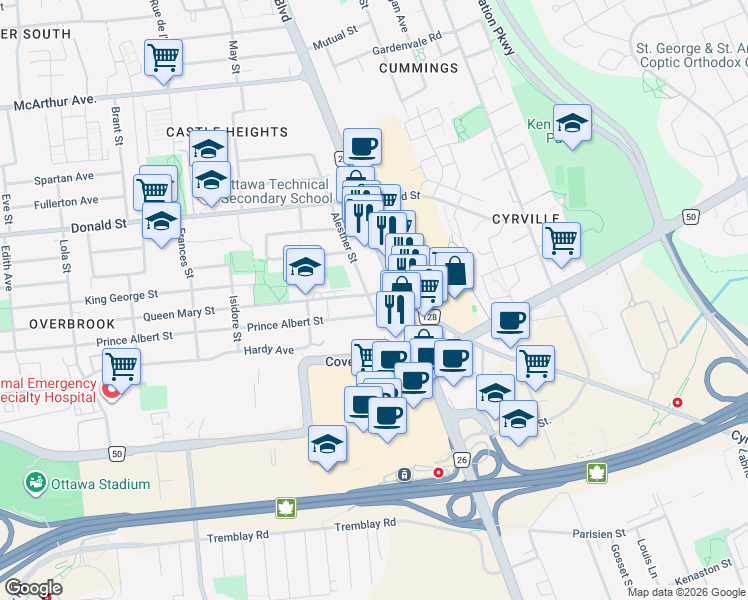 map of restaurants, bars, coffee shops, grocery stores, and more near 1064 Saint Laurent Boulevard in Ottawa