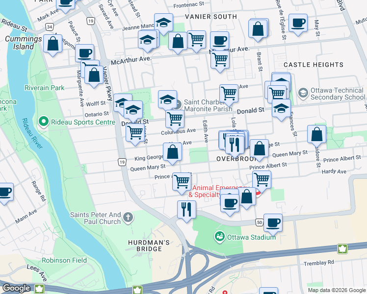 map of restaurants, bars, coffee shops, grocery stores, and more near in Ottawa
