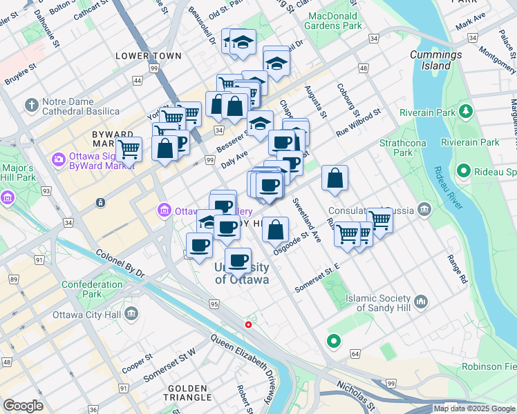 map of restaurants, bars, coffee shops, grocery stores, and more near in Ottawa