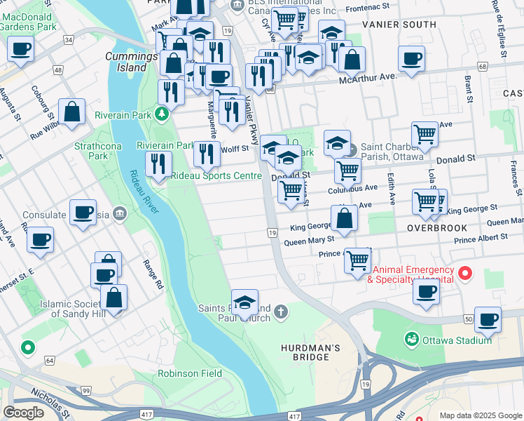 map of restaurants, bars, coffee shops, grocery stores, and more near 123 Glynn Avenue in Ottawa