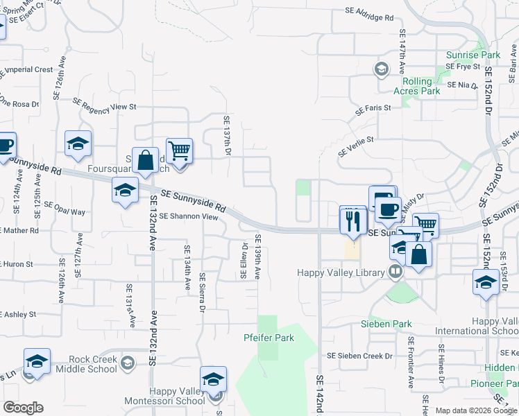 map of restaurants, bars, coffee shops, grocery stores, and more near 13711 Southeast Sunnyside Road in Clackamas