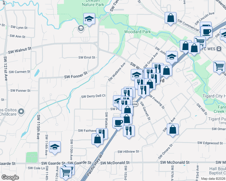 map of restaurants, bars, coffee shops, grocery stores, and more near 10455 Southwest Grant Court in Portland