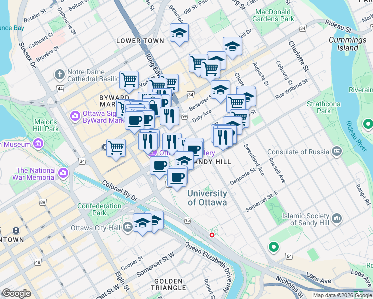 map of restaurants, bars, coffee shops, grocery stores, and more near 179 Rue Wilbrod Street in Ottawa