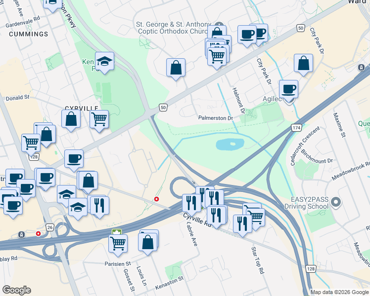 map of restaurants, bars, coffee shops, grocery stores, and more near 1298 Ogilvie Road in Ottawa