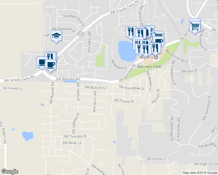 map of restaurants, bars, coffee shops, grocery stores, and more near 15561 Southwest Bulrush Lane in Tigard