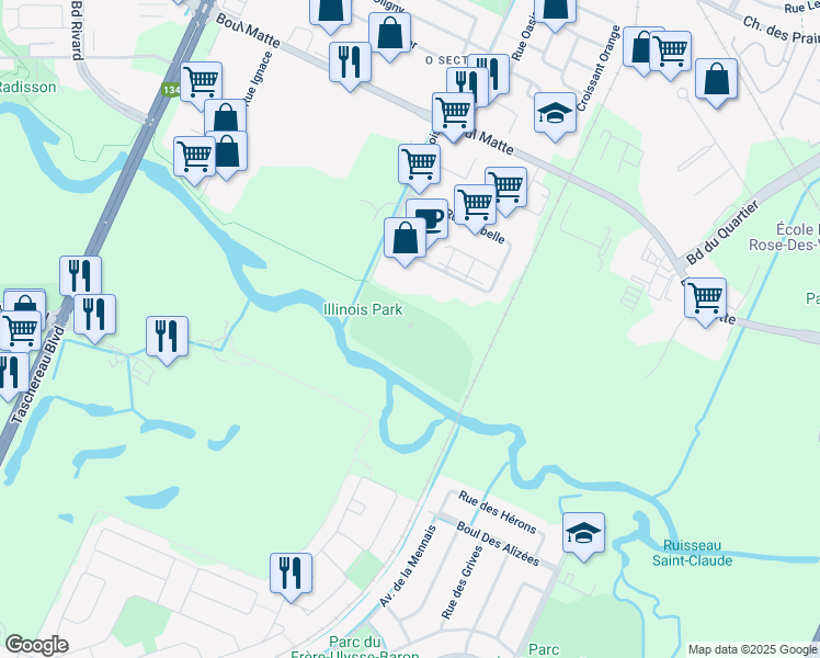 map of restaurants, bars, coffee shops, grocery stores, and more near 9802 Avenue Illinois in Brossard