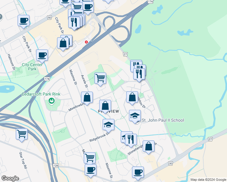 map of restaurants, bars, coffee shops, grocery stores, and more near 1813 Meadowbrook Road in Ottawa