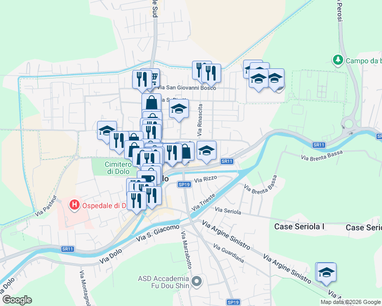 map of restaurants, bars, coffee shops, grocery stores, and more near 10 Via Piave in Dolo