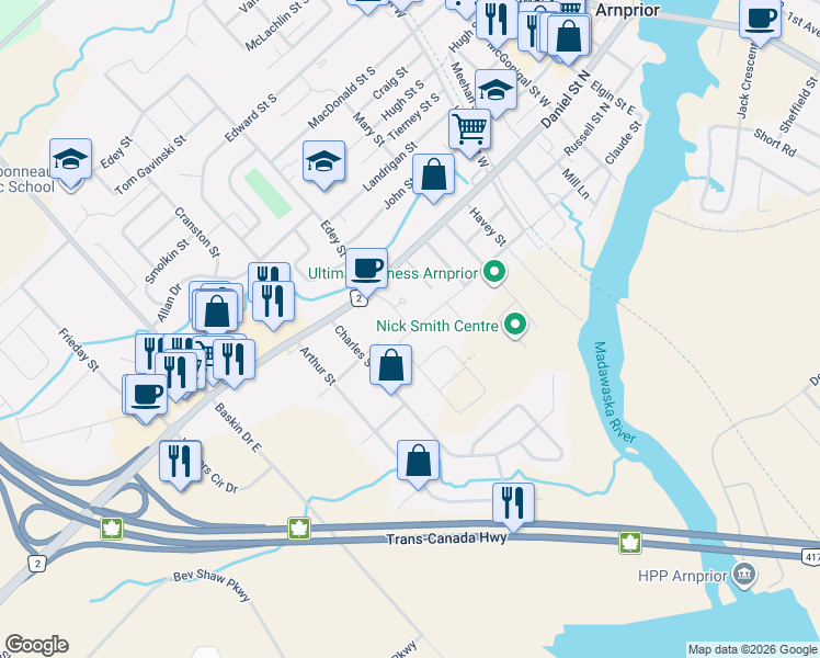 map of restaurants, bars, coffee shops, grocery stores, and more near 148 Thomas Street South in Arnprior