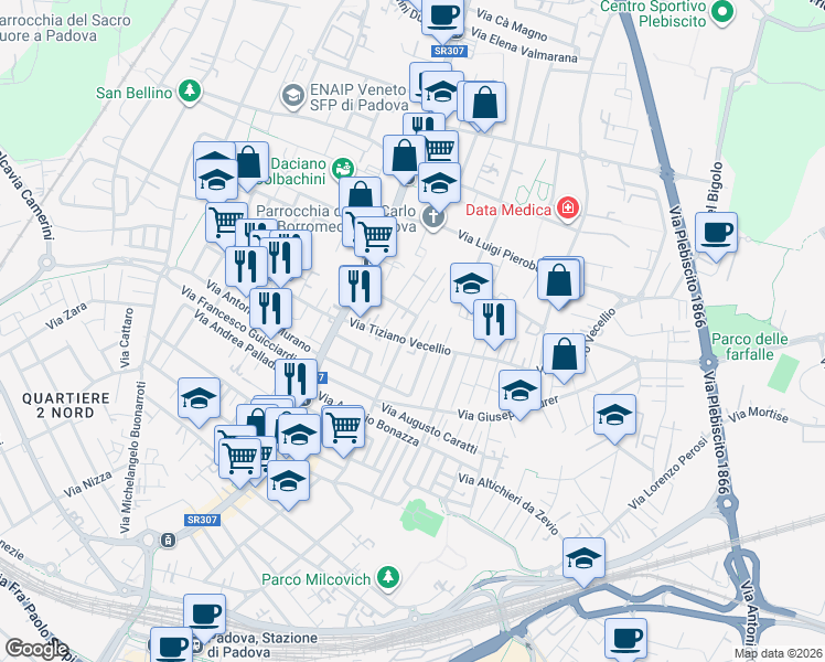 map of restaurants, bars, coffee shops, grocery stores, and more near 4 Via Bartolomeo Ammannati in Padova