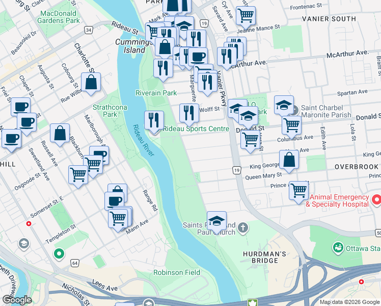 map of restaurants, bars, coffee shops, grocery stores, and more near in Ottawa