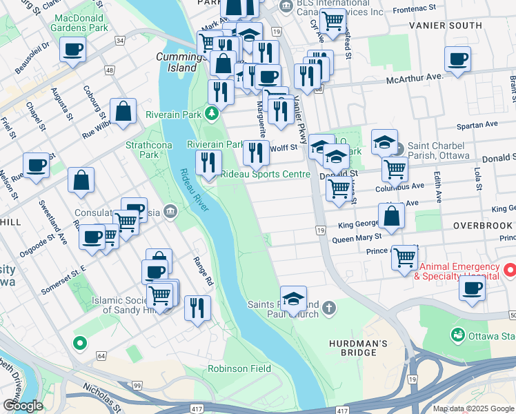 map of restaurants, bars, coffee shops, grocery stores, and more near 2 Columbus Avenue in Ottawa