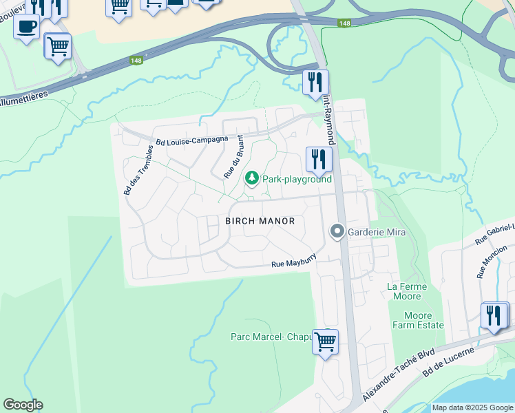 map of restaurants, bars, coffee shops, grocery stores, and more near 77 Rue Boyer in Gatineau