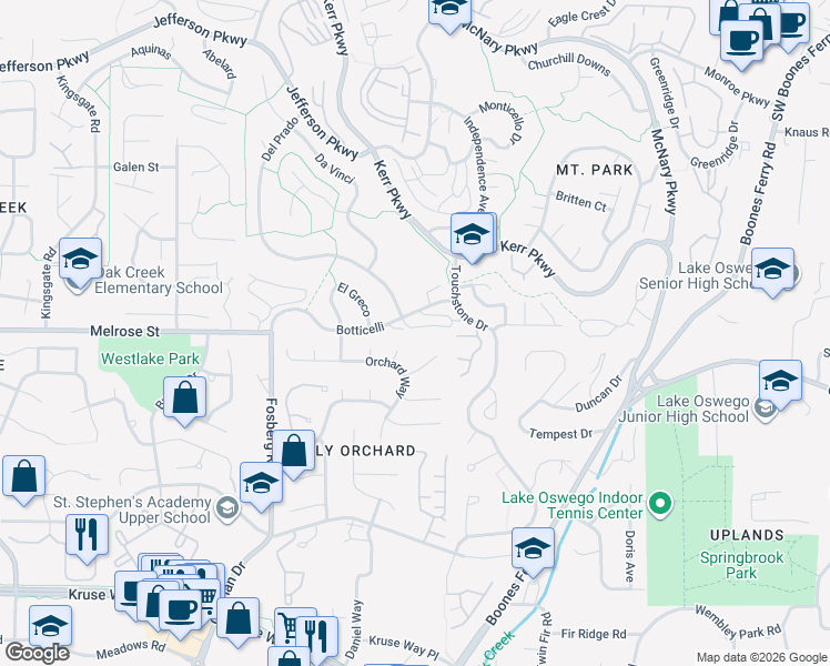 map of restaurants, bars, coffee shops, grocery stores, and more near 3868 Botticelli in Lake Oswego