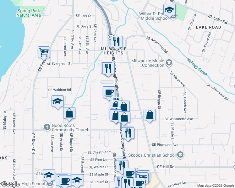 map of restaurants, bars, coffee shops, grocery stores, and more near 13213 Southeast McLoughlin Boulevard in Oak Grove