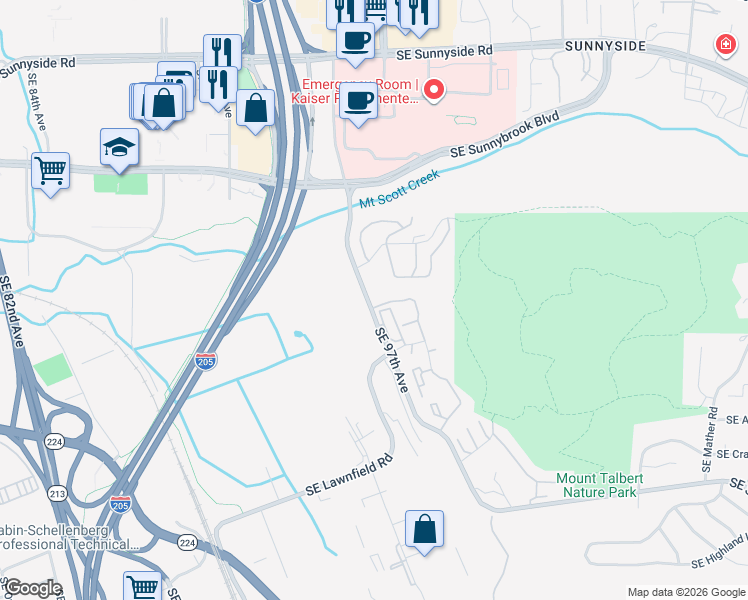 map of restaurants, bars, coffee shops, grocery stores, and more near 13302 Southeast 97th Avenue in Clackamas