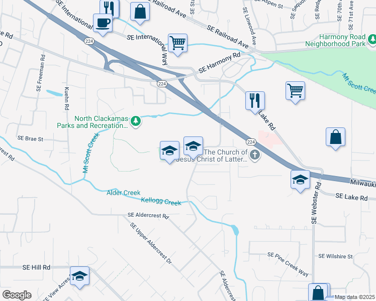 map of restaurants, bars, coffee shops, grocery stores, and more near 5800 Southeast Kellogg Creek Drive in Milwaukie