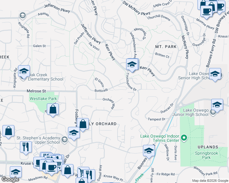 map of restaurants, bars, coffee shops, grocery stores, and more near 3882 Botticelli St in Lake Oswego