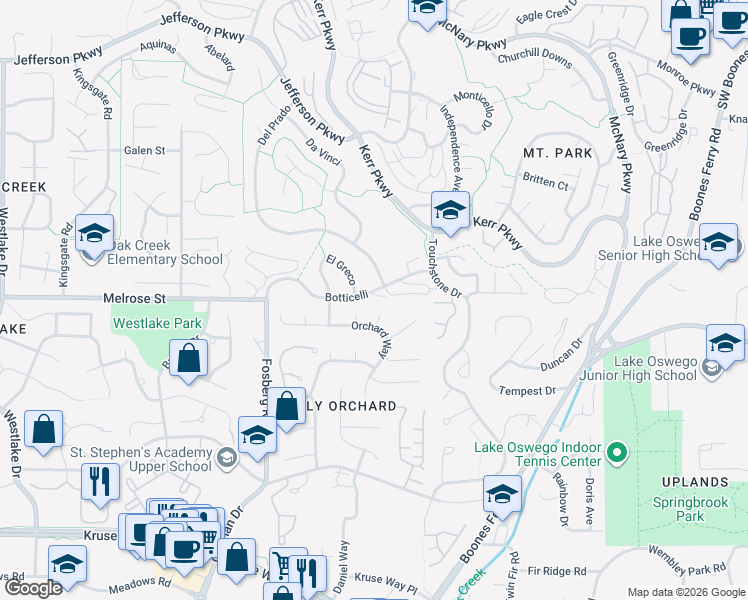 map of restaurants, bars, coffee shops, grocery stores, and more near 3896 Botticelli Street in Lake Oswego
