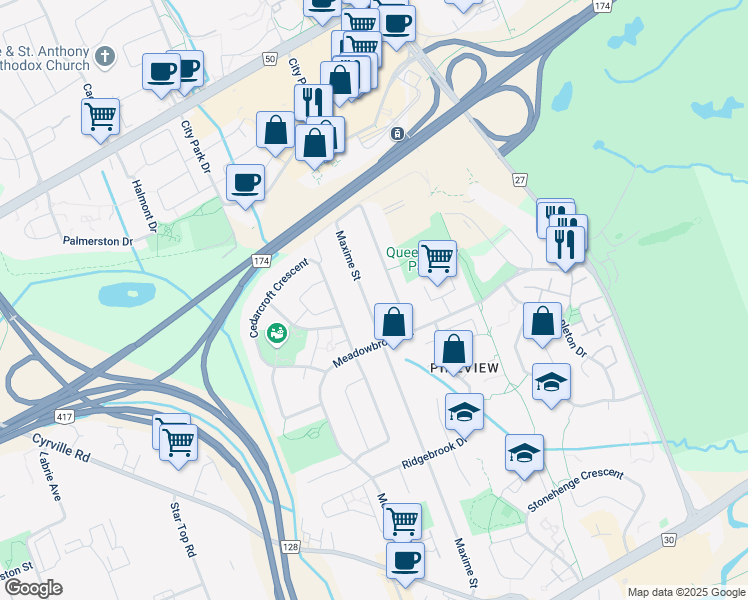 map of restaurants, bars, coffee shops, grocery stores, and more near 1380 Aurele Street in Ottawa