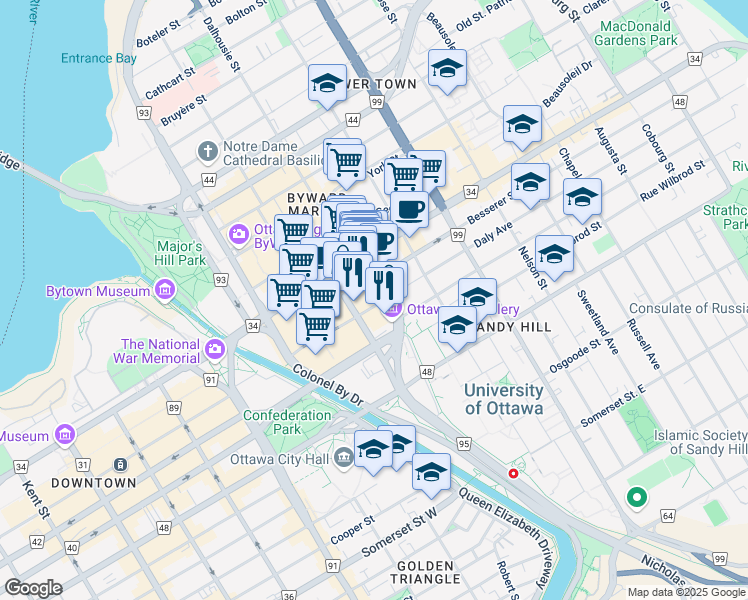 map of restaurants, bars, coffee shops, grocery stores, and more near in Ottawa