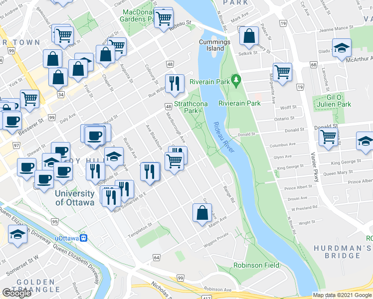 map of restaurants, bars, coffee shops, grocery stores, and more near 78 Marlborough Avenue in Ottawa